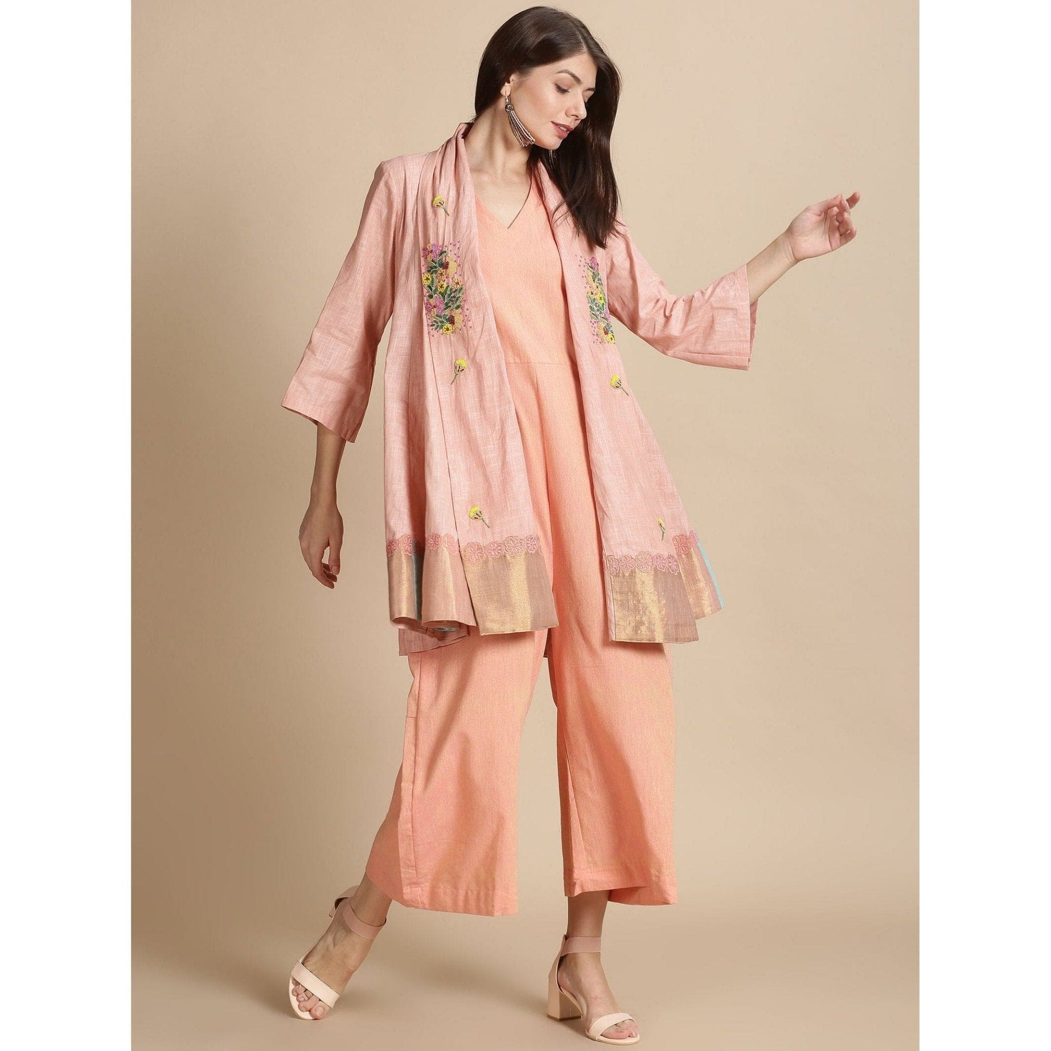 Peach Beads Jumpsuit With Jacket - Charkha TalesPeach Beads Jumpsuit With Jacket