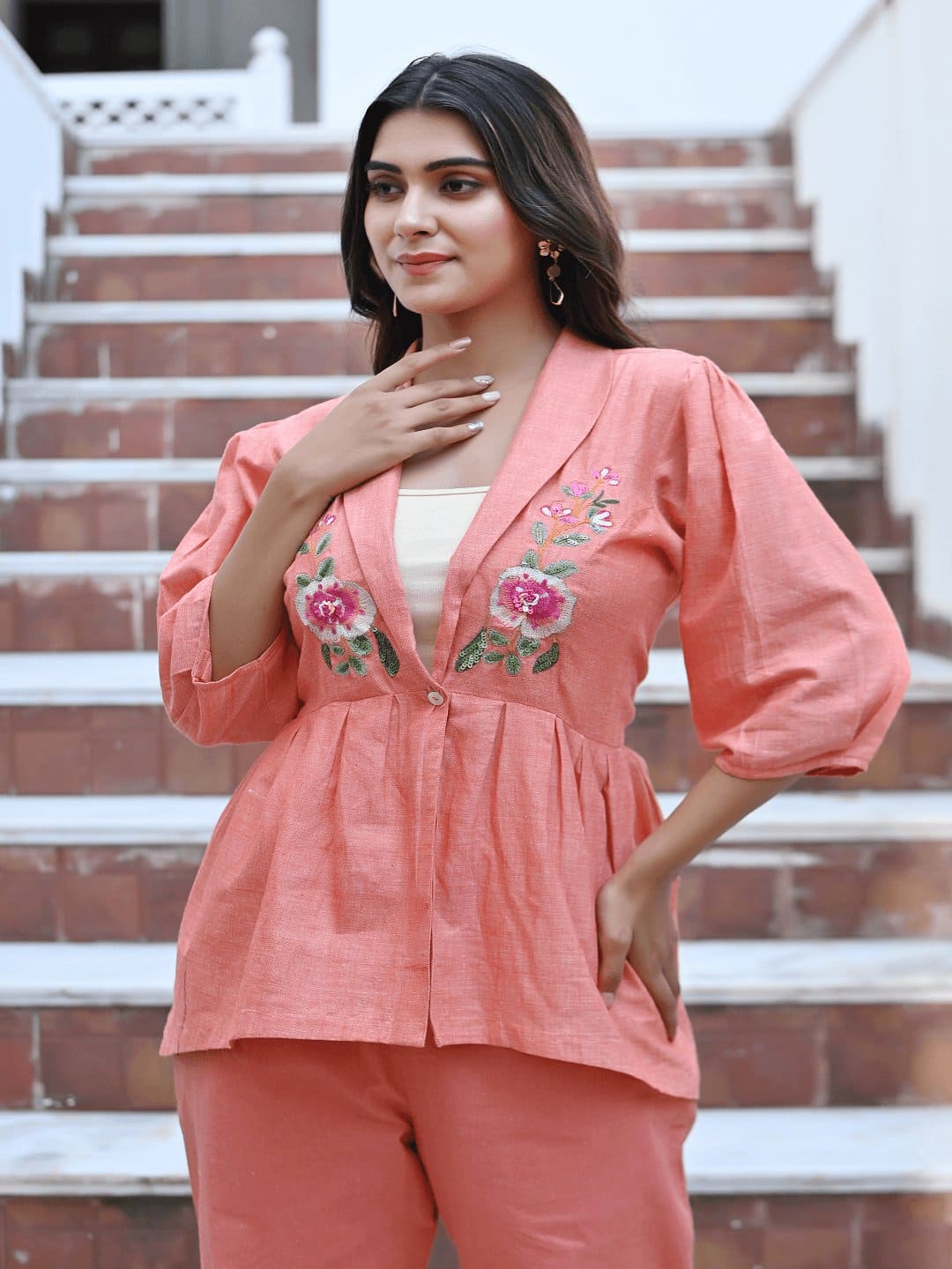 Peach Bold Bloom Embroidered Co-Ord Set - Charkha TalesPeach Bold Bloom Embroidered Co-Ord Set