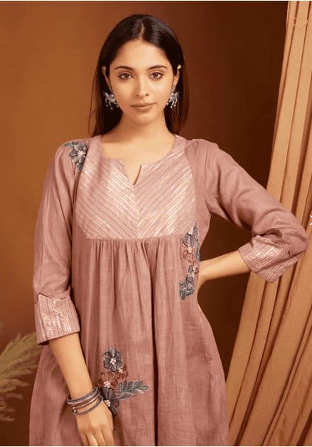 Peach Embroidered Linen Kurta Set - Charkha TalesPeach Embroidered Linen Kurta Set