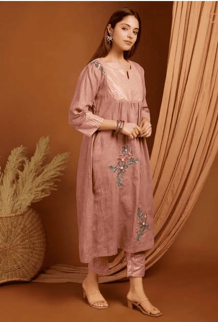 Peach Embroidered Linen Kurta Set - Charkha TalesPeach Embroidered Linen Kurta Set