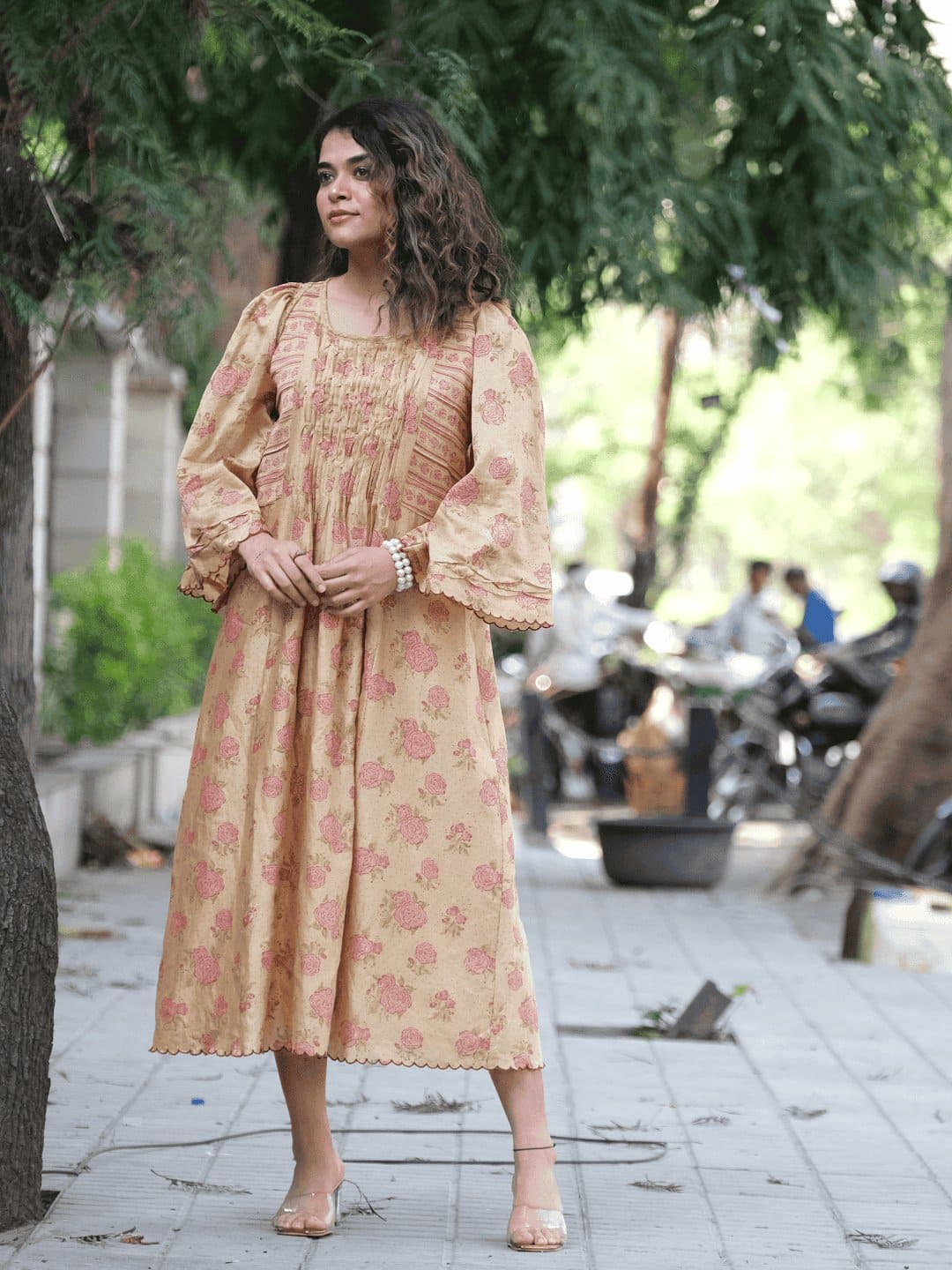 Peach Hand Block Print Mulmul Dress - Charkha TalesPeach Hand Block Print Mulmul Dress