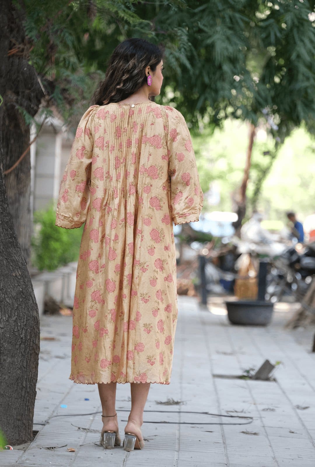 Peach Hand Block Print Mulmul Dress - Charkha TalesPeach Hand Block Print Mulmul Dress