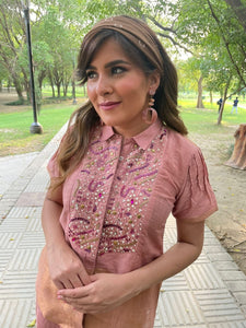 Linen Crystal/Beads Intricate Co-ord Set - Peach