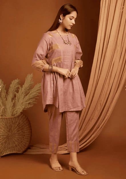 Peach Shimmer Linen Co-Ord Set - Charkha TalesPeach Shimmer Linen Co-Ord Set