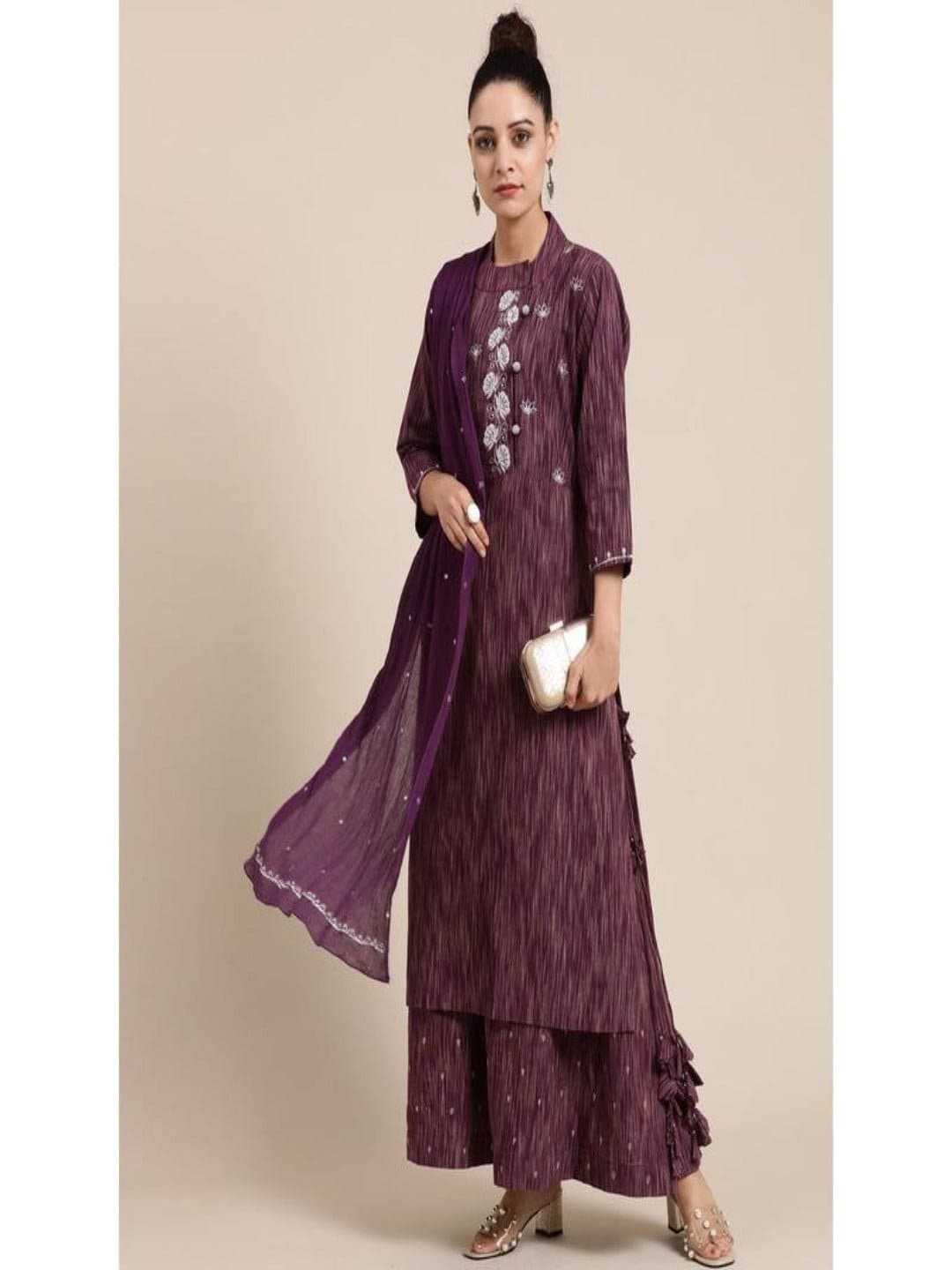 Pearl Work Women Kurta Set - Purple - Charkha TalesPearl Work Women Kurta Set - Purple