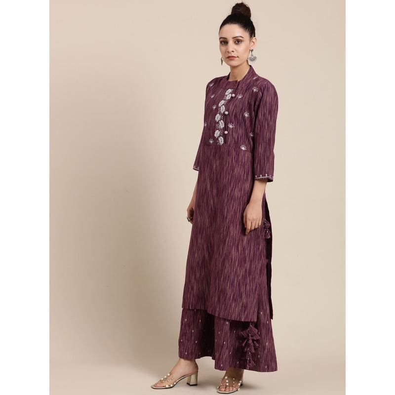 Pearl Work Women Kurta Set - Purple - Charkha TalesPearl Work Women Kurta Set - Purple