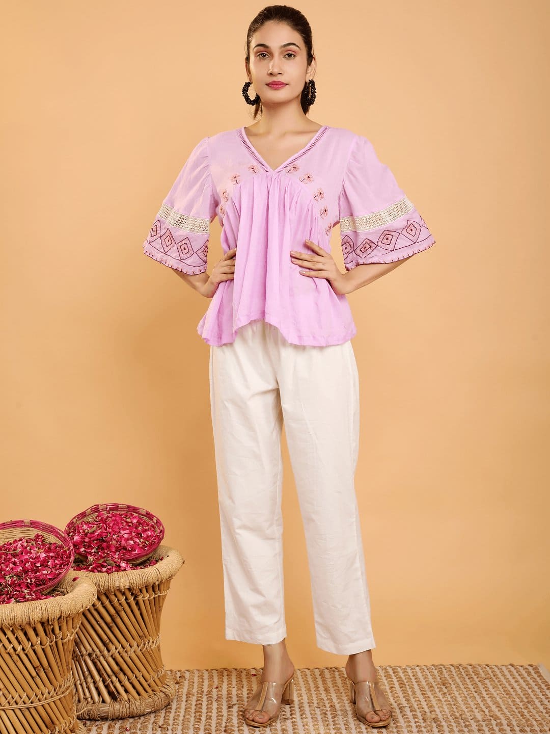 Peplum Boho Chikankari Co - Ord Set - Lavender - Charkha TalesPeplum Boho Chikankari Co - Ord Set - Lavender