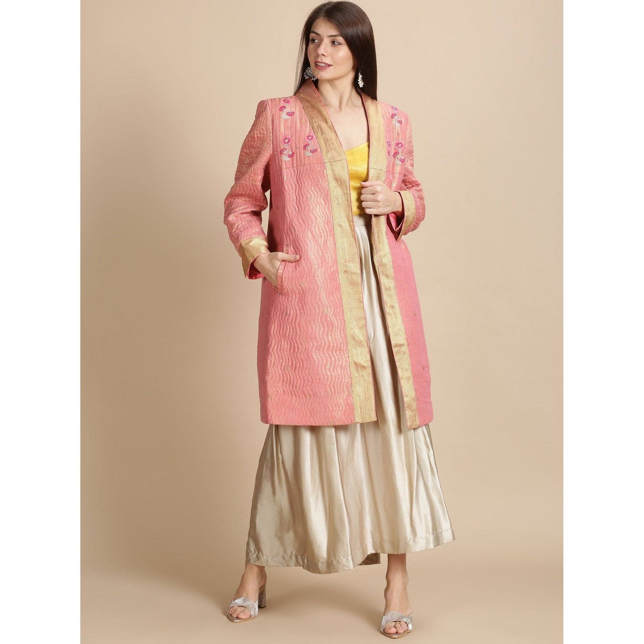 Pink Banarsi Zari Quilted Jacket - Charkha TalesPink Banarsi Zari Quilted Jacket
