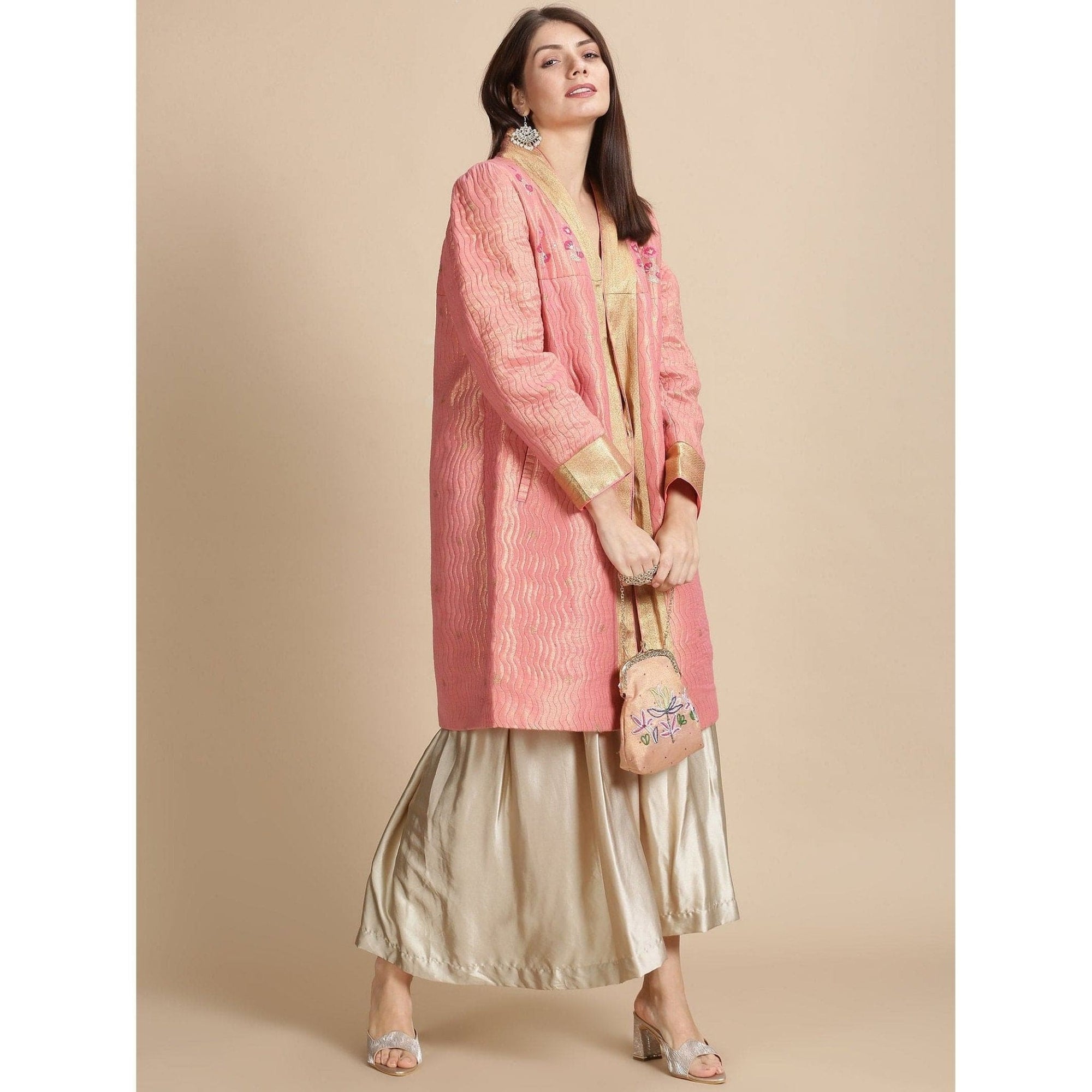 Pink Banarsi Zari Quilted Jacket - Charkha TalesPink Banarsi Zari Quilted Jacket