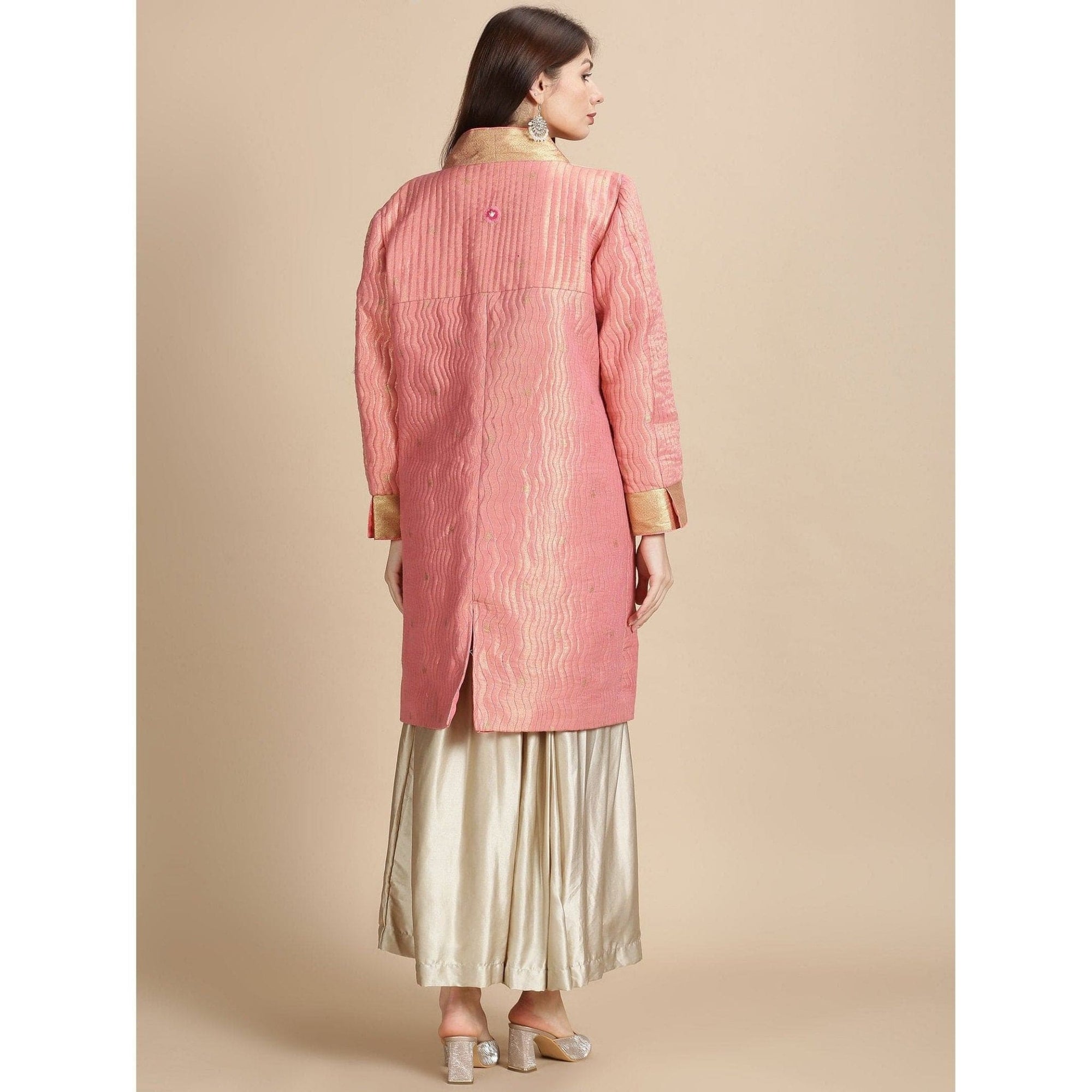 Pink Banarsi Zari Quilted Jacket - Charkha TalesPink Banarsi Zari Quilted Jacket