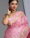 Pink Block Print Tussar Silk Saree - Charkha TalesPink Block Print Tussar Silk Saree