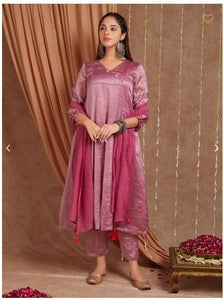 Banarsi Silk Shimmer Anarkali Kurta Set - Pink