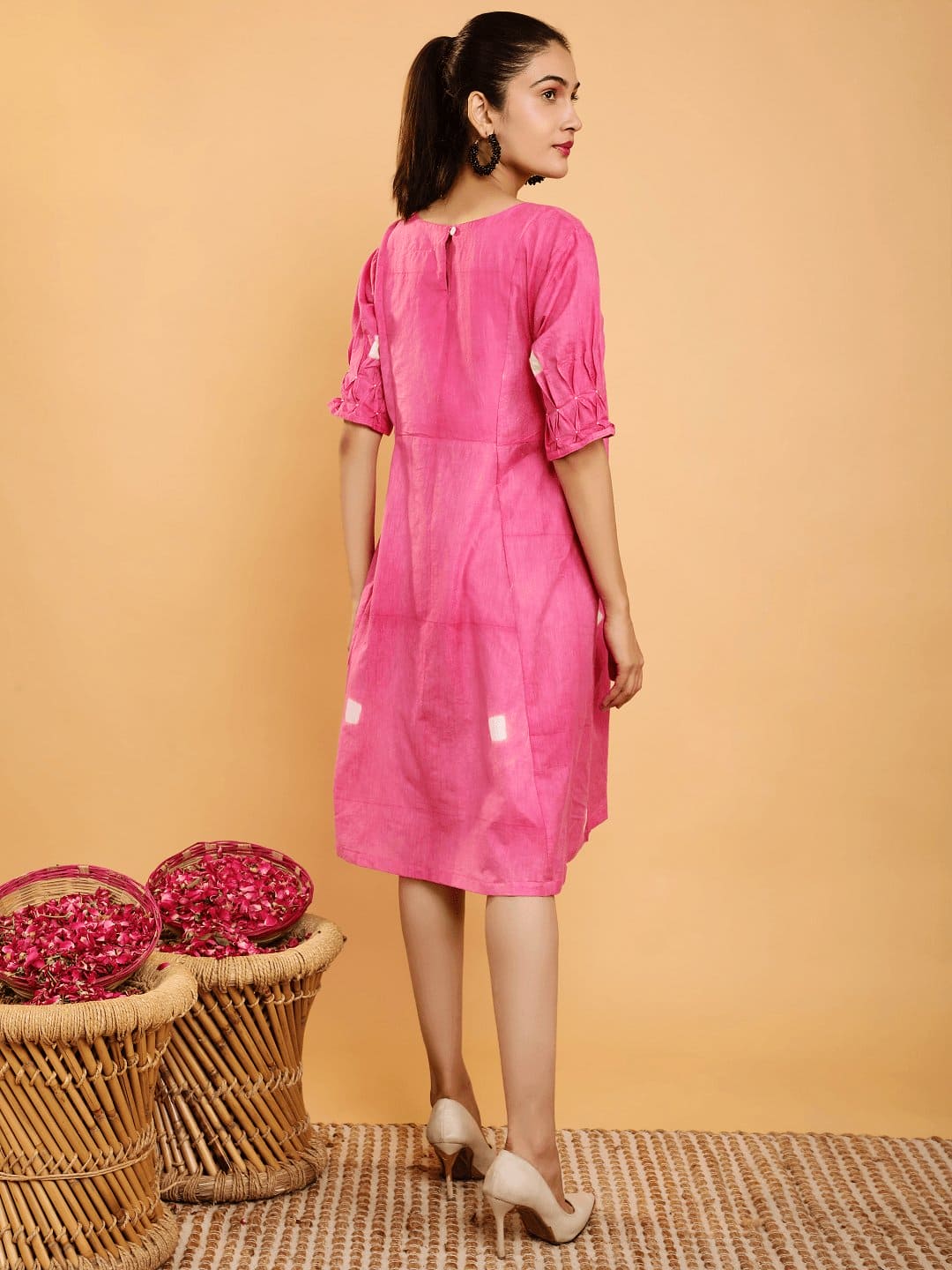 Pink Clamp Dye Chanderi Dress - Charkha TalesPink Clamp Dye Chanderi Dress