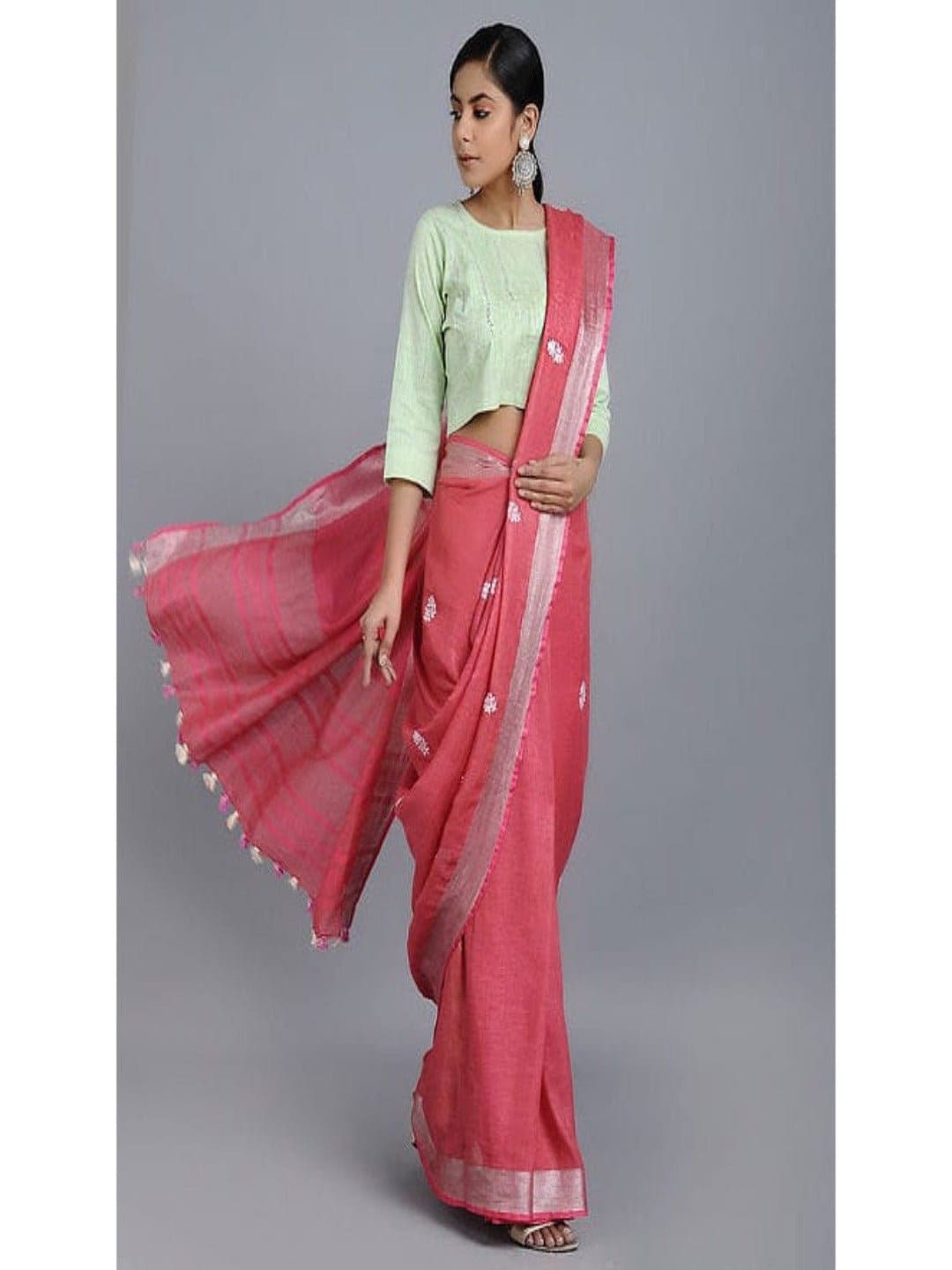 Pink Embroidered Linen Saree - Charkha TalesPink Embroidered Linen Saree
