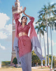 Pink & Grey Ombre Silk Top Drape Skirt Set - Charkha TalesPink & Grey Ombre Silk Top Drape Skirt Set
