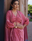 Pink & Grey Ombre Silk Top Drape Skirt Set - Charkha TalesPink & Grey Ombre Silk Top Drape Skirt Set