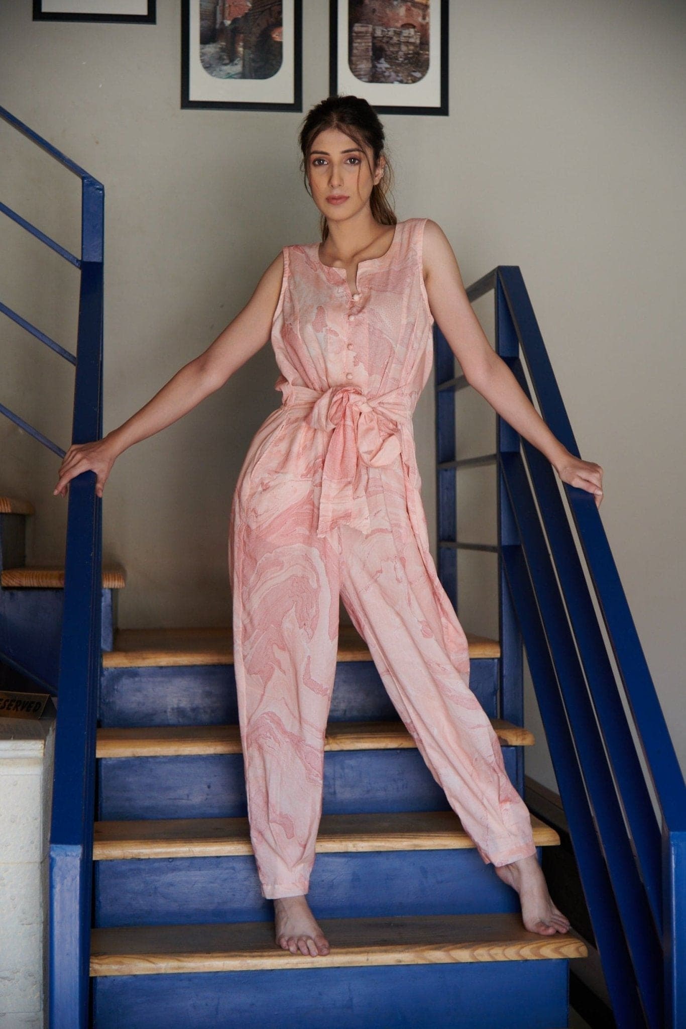 Pink Marble Hand Printed Jumpsuit - Charkha TalesPink Marble Hand Printed Jumpsuit