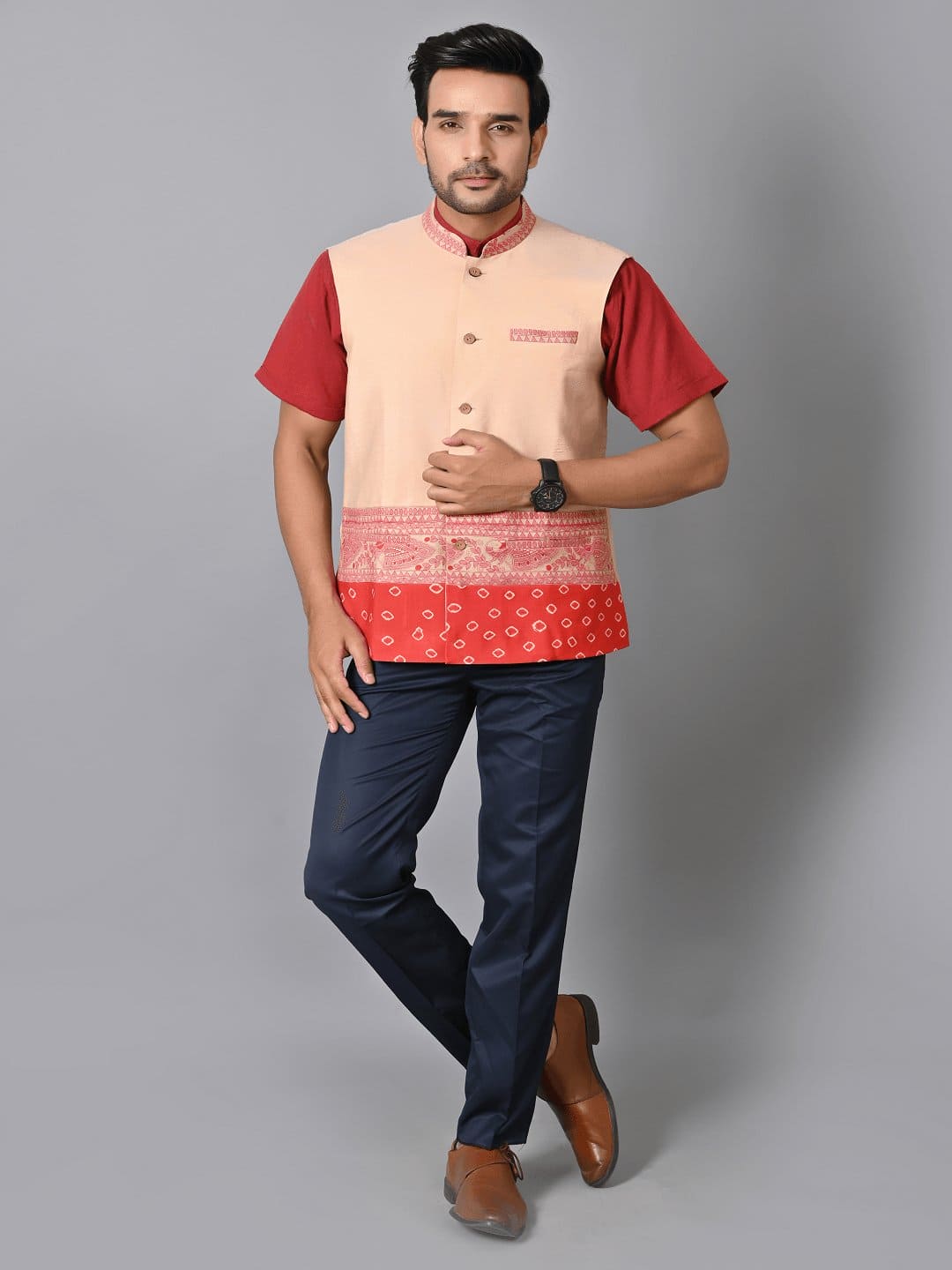 Printed Men Nehru Jacket - Cream - Charkha TalesPrinted Men Nehru Jacket - Cream