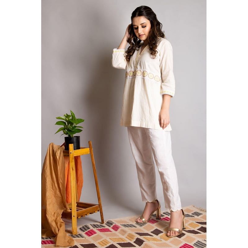 "Purity "  Off-White Chikankari Top and Pant Set of 2 - Charkha tales