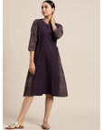 Purple Block Print A Line Dress - Charkha TalesPurple Block Print A Line Dress