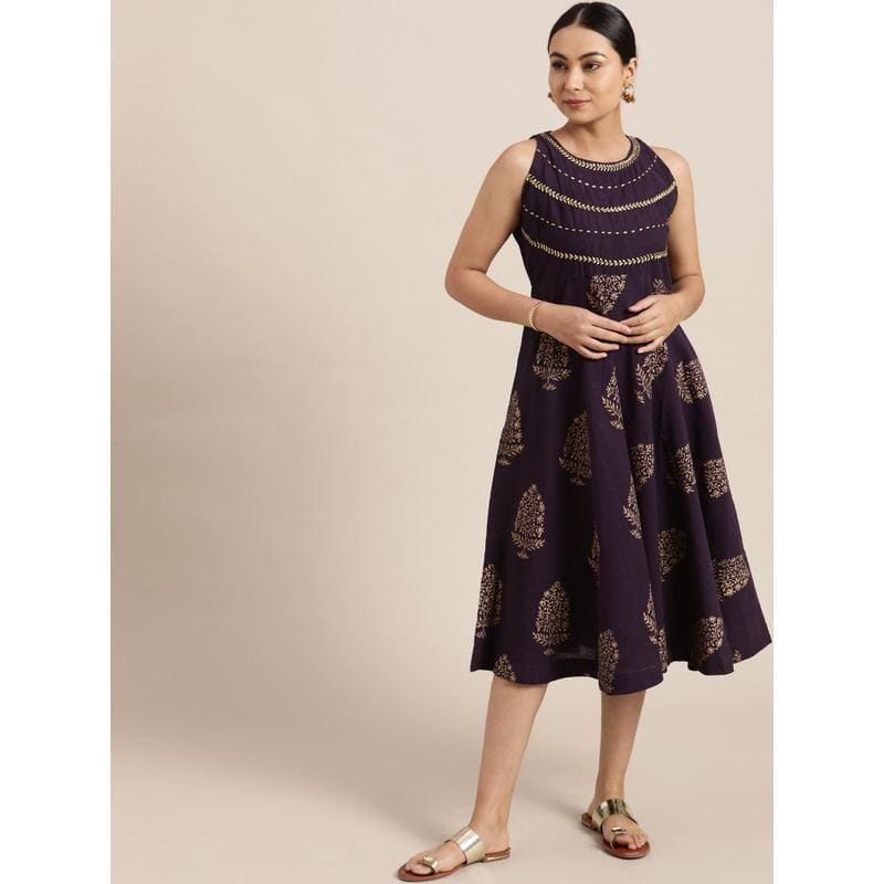Purple Block Print Cotton Dress - Charkha TalesPurple Block Print Cotton Dress
