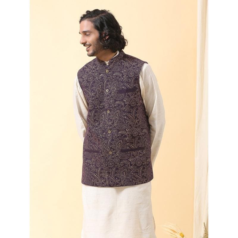 Purple Block Print Cotton Men Jacket - Charkha TalesPurple Block Print Cotton Men Jacket