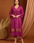 Purple Gathered Linen Kurta Set - Charkha TalesPurple Gathered Linen Kurta Set