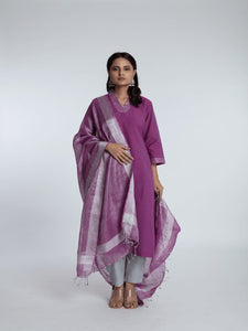 Khadi Dabka Work Kurta Set - Purple