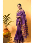 Purple Zari Linen Embroidered Saree - Charkha TalesPurple Zari Linen Embroidered Saree