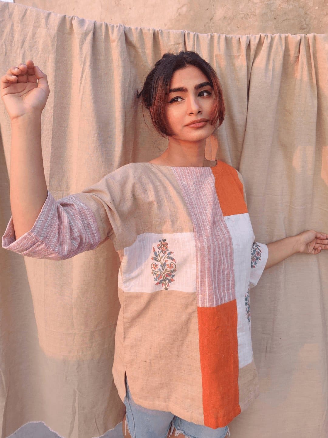 Puzzled Neck Cotton Top - Orange - Charkha TalesPuzzled Neck Cotton Top - Orange