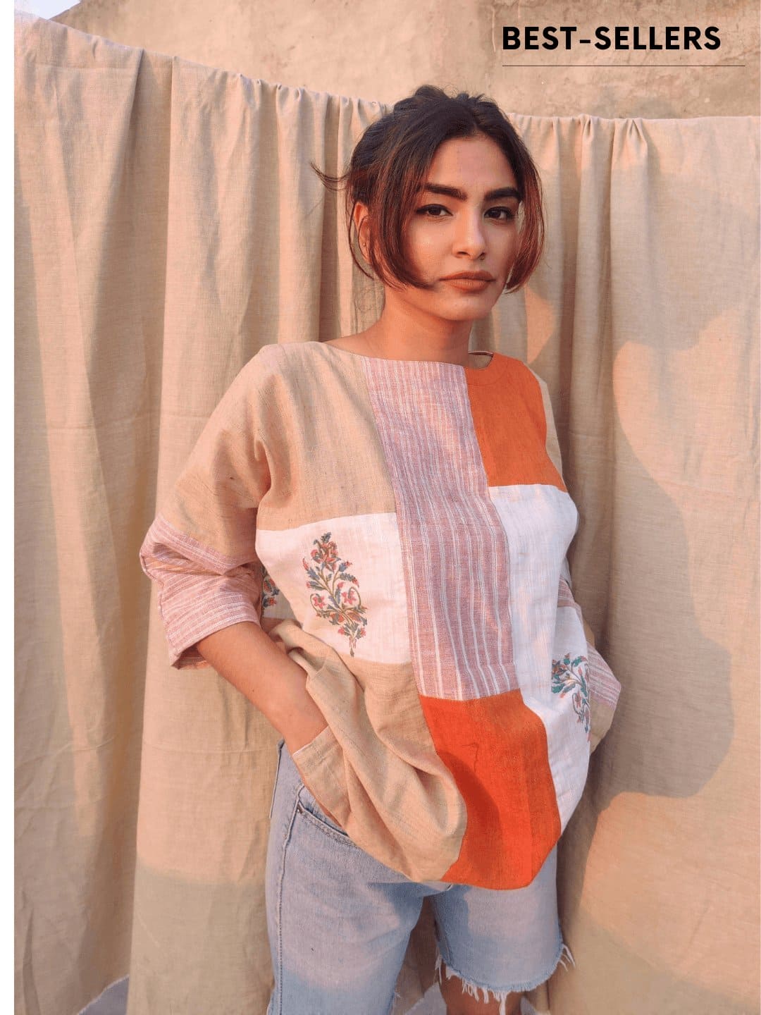 Puzzled Neck Cotton Top - Orange - Charkha TalesPuzzled Neck Cotton Top - Orange