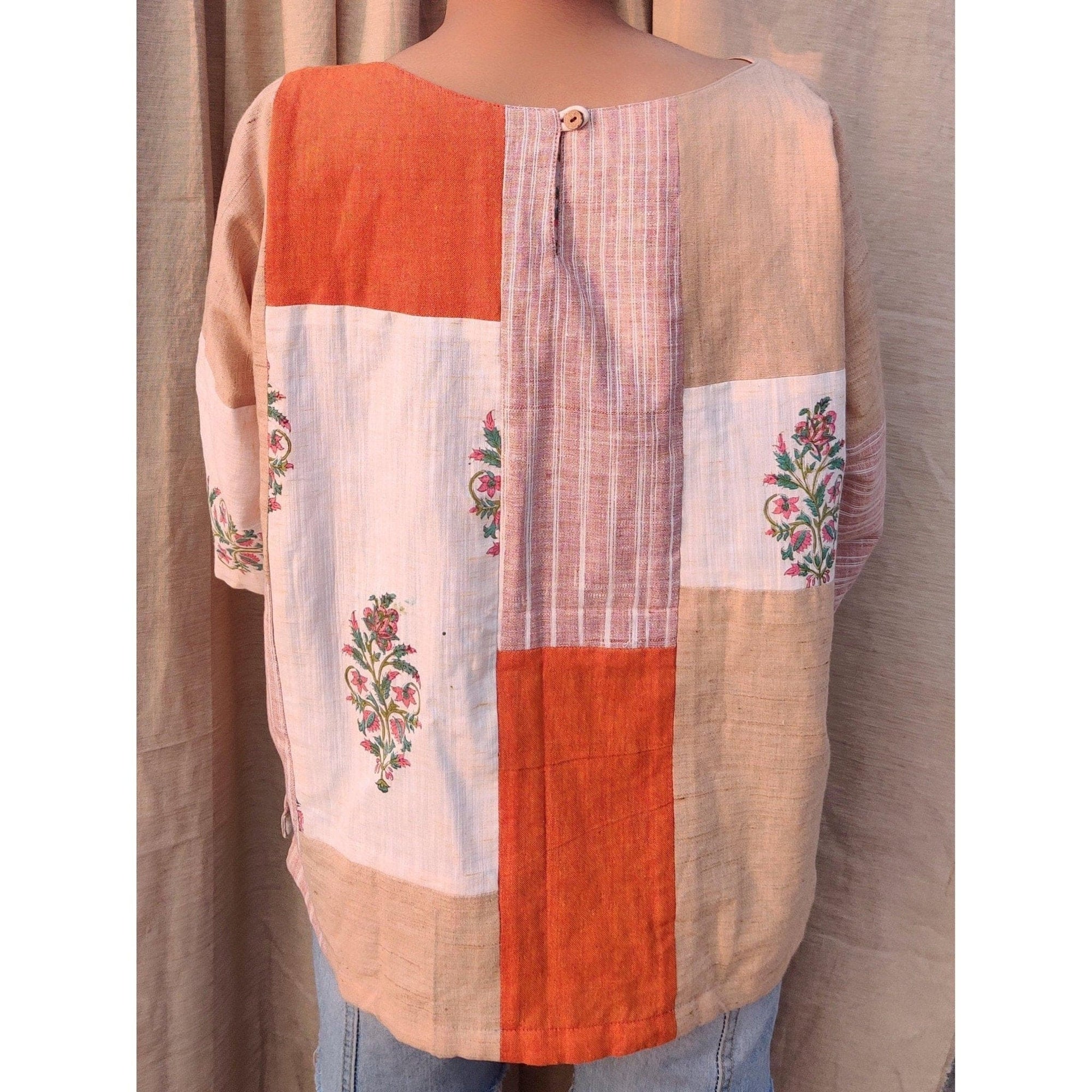 Puzzled Neck Cotton Top - Orange - Charkha TalesPuzzled Neck Cotton Top - Orange