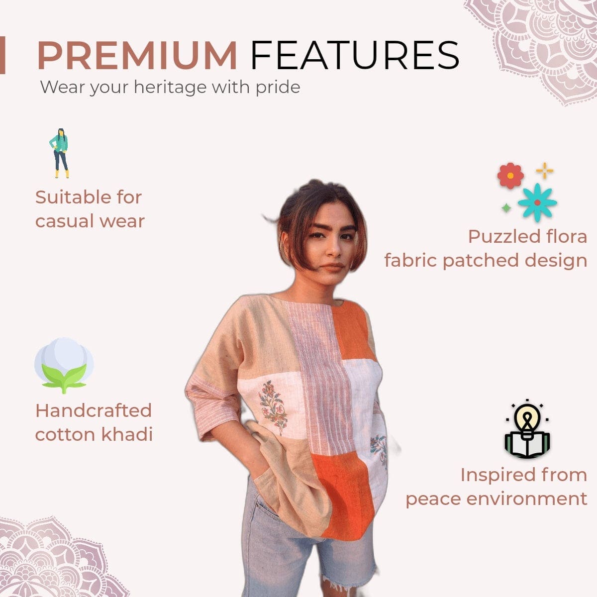 Puzzled Neck Cotton Top - Orange - Charkha TalesPuzzled Neck Cotton Top - Orange