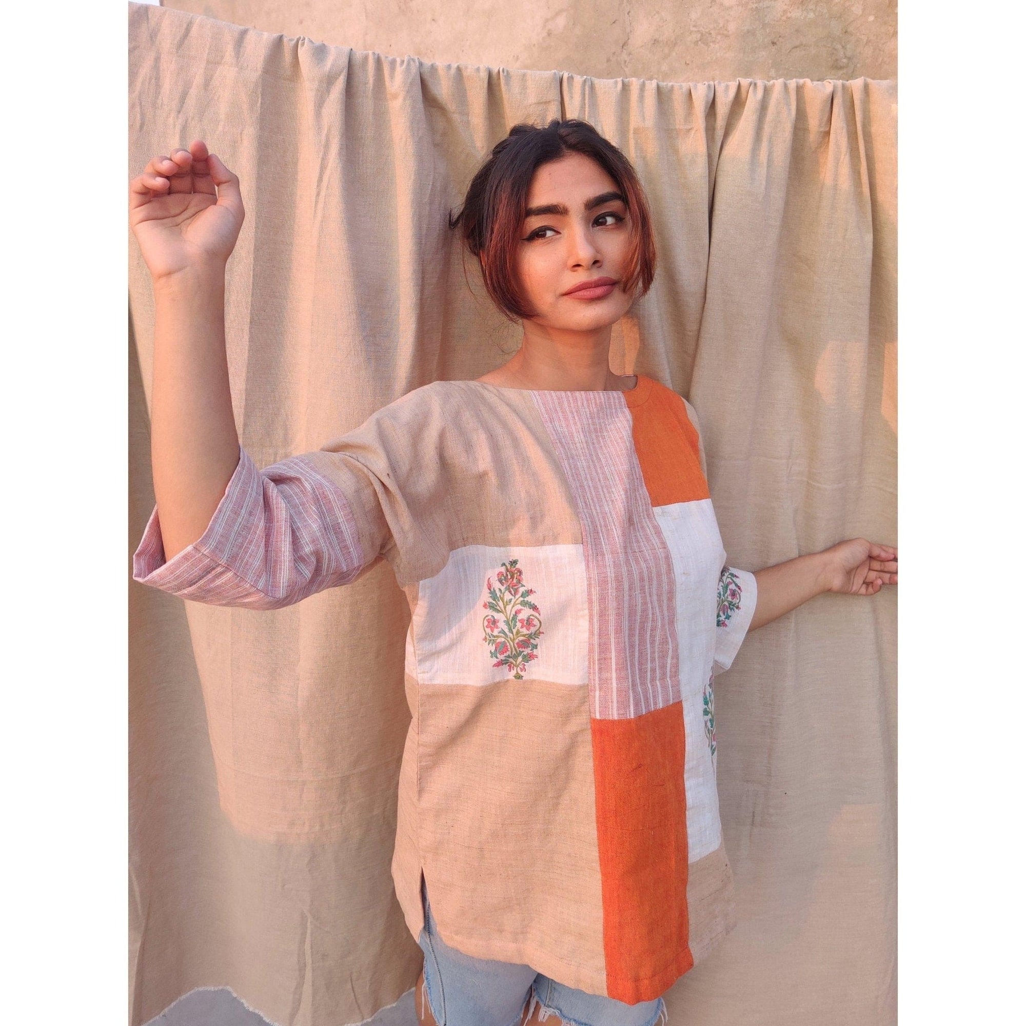 Puzzled Neck Cotton Top - Orange - Charkha TalesPuzzled Neck Cotton Top - Orange