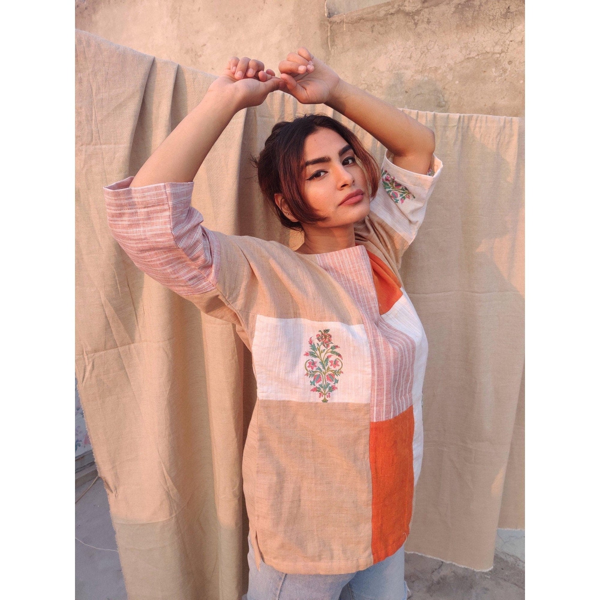 Puzzled Neck Cotton Top - Orange - Charkha TalesPuzzled Neck Cotton Top - Orange