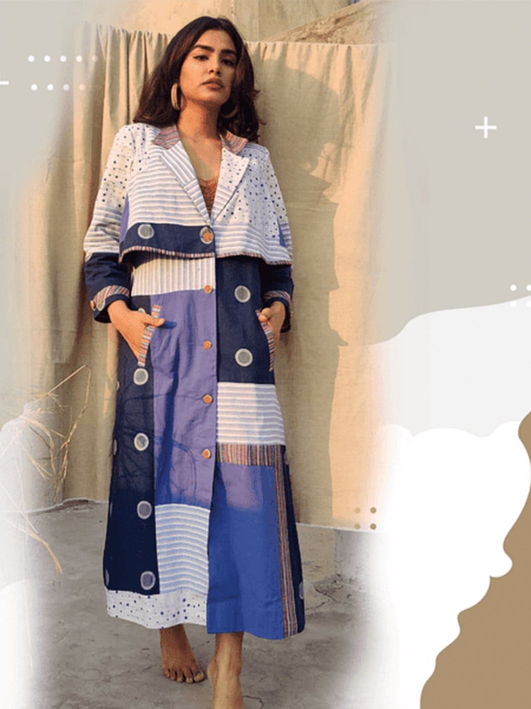 Recycled Long Jacket/Coat - Blue - Charkha TalesRecycled Long Jacket/Coat - Blue