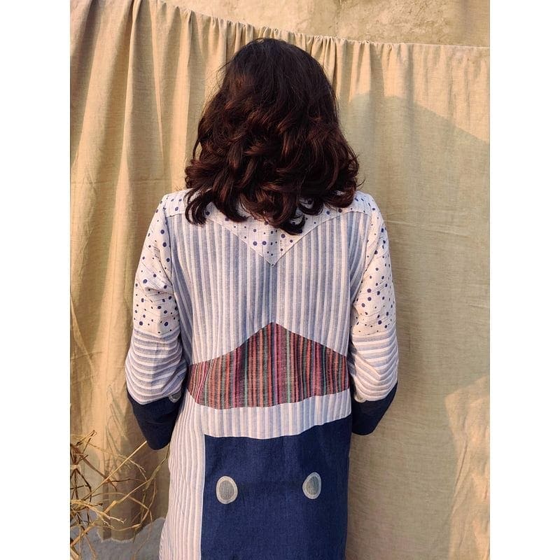 Recycled Long Jacket/Coat - Blue - Charkha TalesRecycled Long Jacket/Coat - Blue