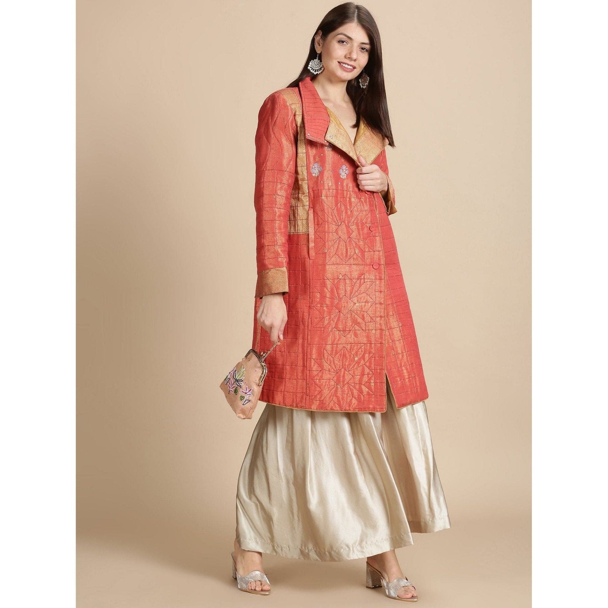 Red Banarsi Zari Quilted Jacket - Charkha TalesRed Banarsi Zari Quilted Jacket