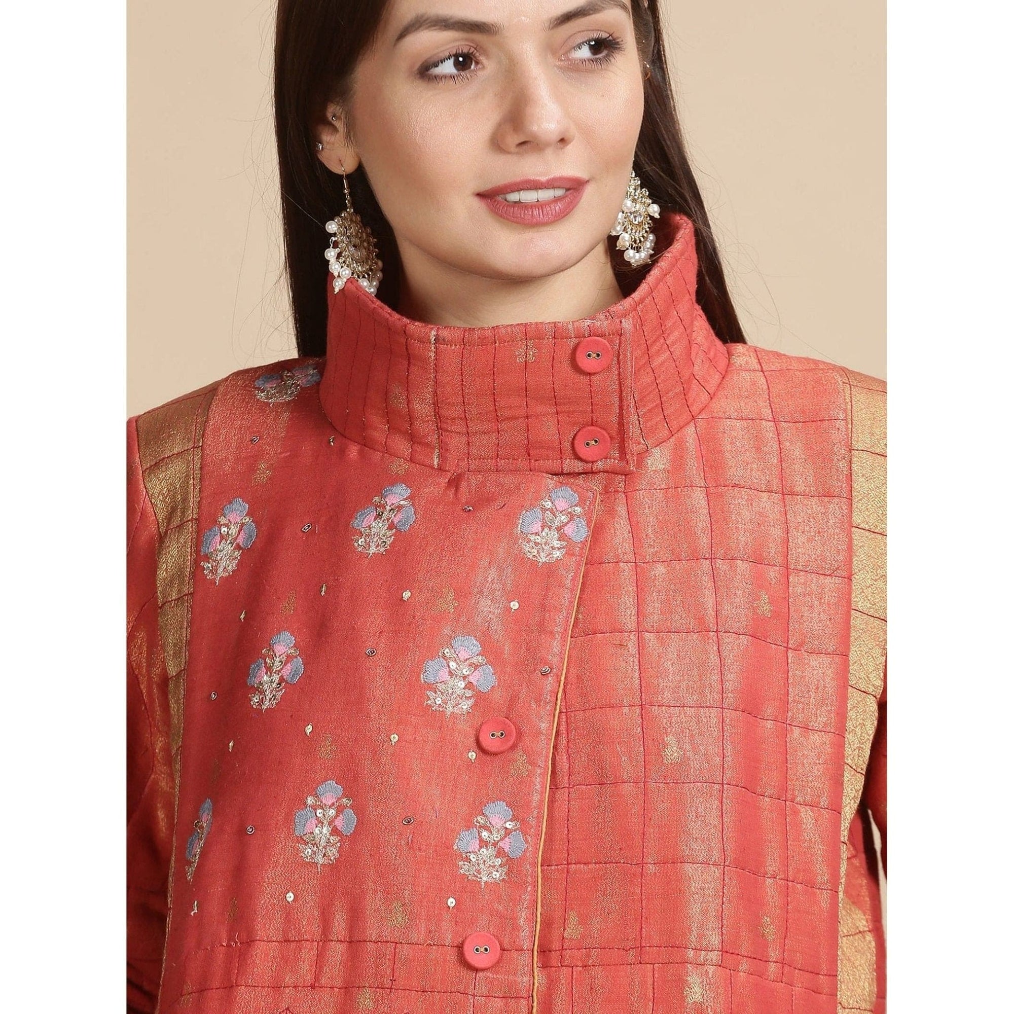 Red Banarsi Zari Quilted Jacket - Charkha TalesRed Banarsi Zari Quilted Jacket