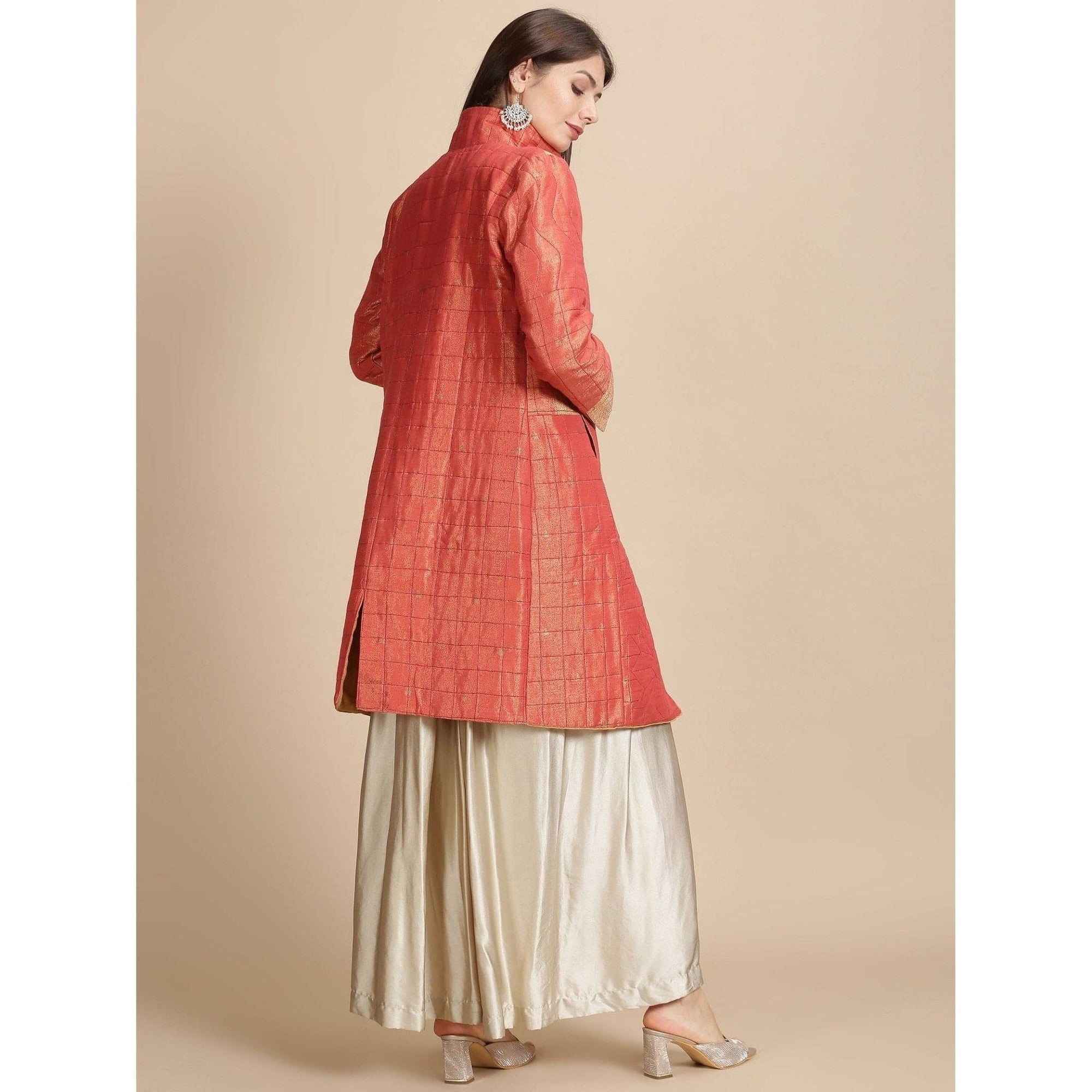 Red Banarsi Zari Quilted Jacket - Charkha TalesRed Banarsi Zari Quilted Jacket