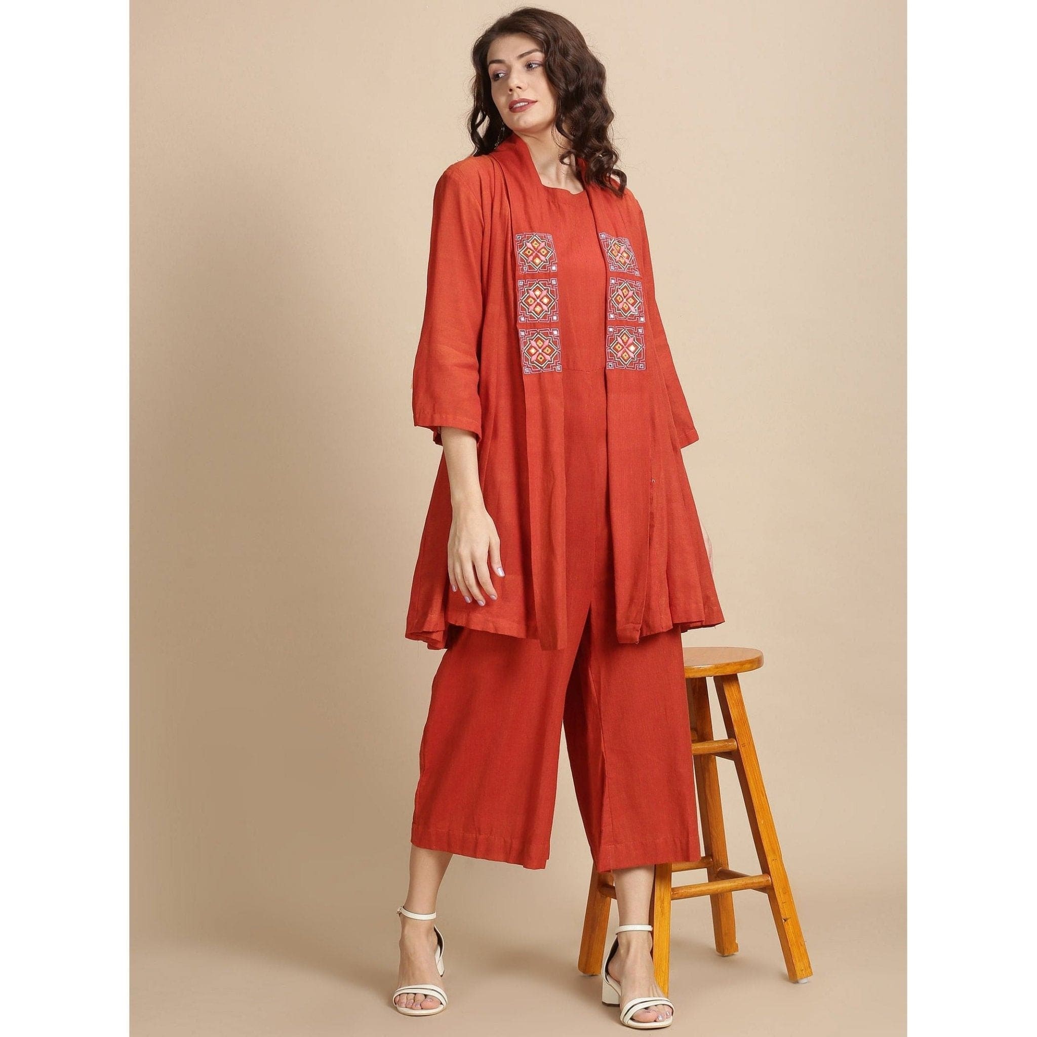 Red Cotton Jumpsuit with Shrug Set - Charkha TalesRed Cotton Jumpsuit with Shrug Set