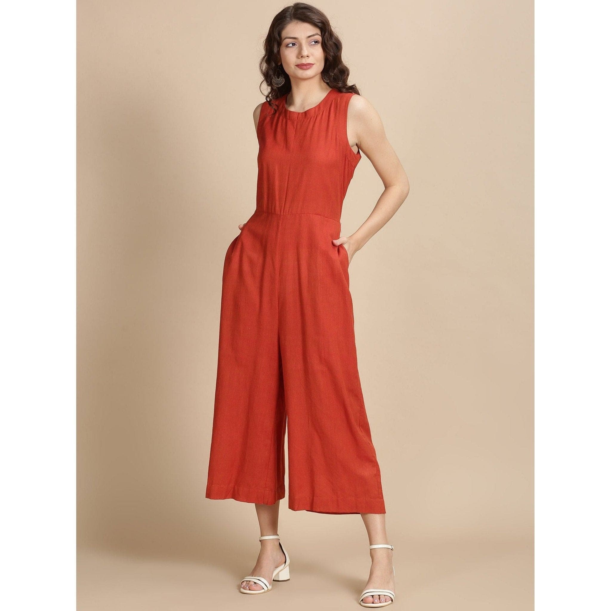 Red Cotton Jumpsuit with Shrug Set - Charkha TalesRed Cotton Jumpsuit with Shrug Set