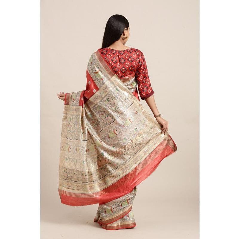 Red &amp; Cream Madhubani Print Silk Saree - Charkha TalesRed &amp; Cream Madhubani Print Silk Saree