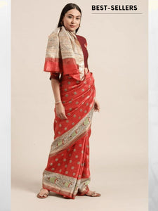 Madhubani Print Silk Saree - Red & Cream