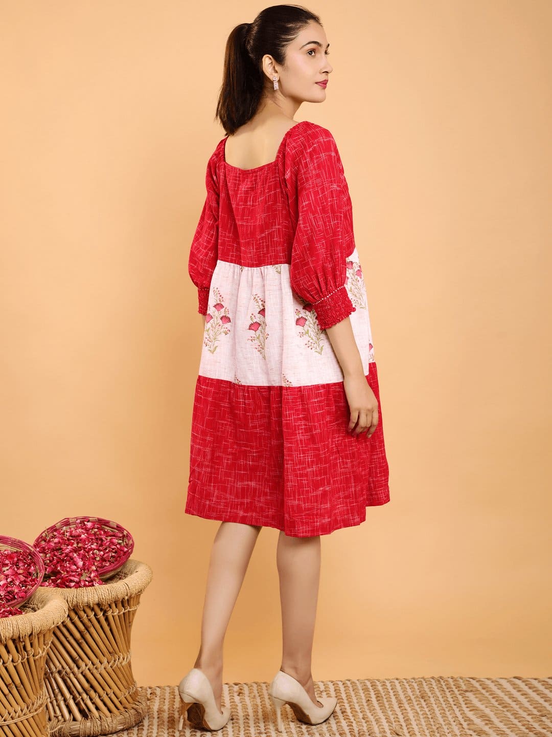 Red Layered Color Blocking Dress - Charkha TalesRed Layered Color Blocking Dress