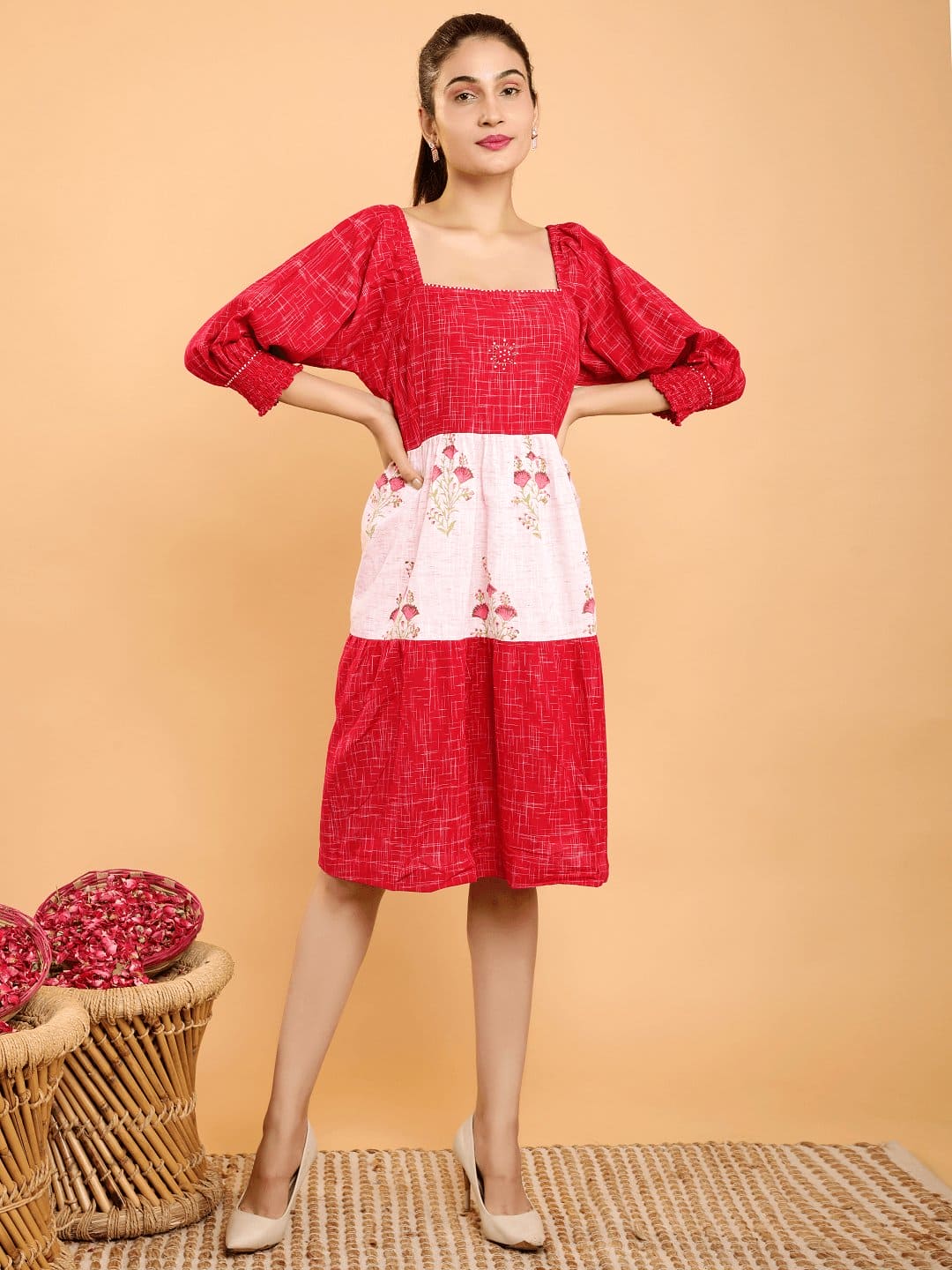 Red Layered Color Blocking Dress - Charkha TalesRed Layered Color Blocking Dress