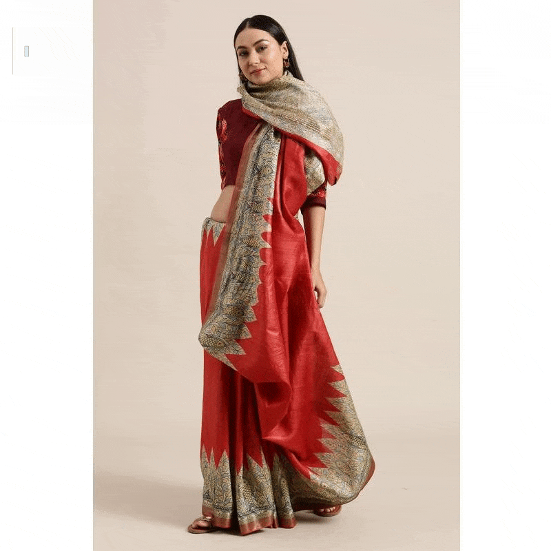 Red Madhubani Print Silk Saree - Charkha TalesRed Madhubani Print Silk Saree