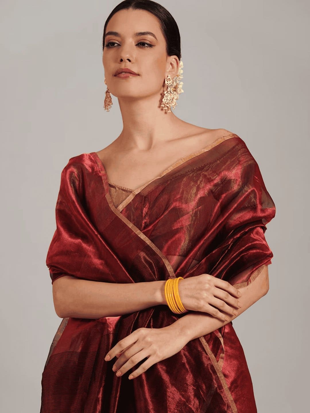 Red Silk Chanderi Saree - Maroon - Charkha TalesRed Silk Chanderi Saree - Maroon