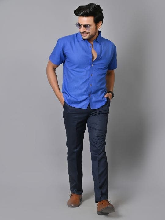 Royal Blue Khadi Cotton Men Shirt - Charkha TalesRoyal Blue Khadi Cotton Men Shirt