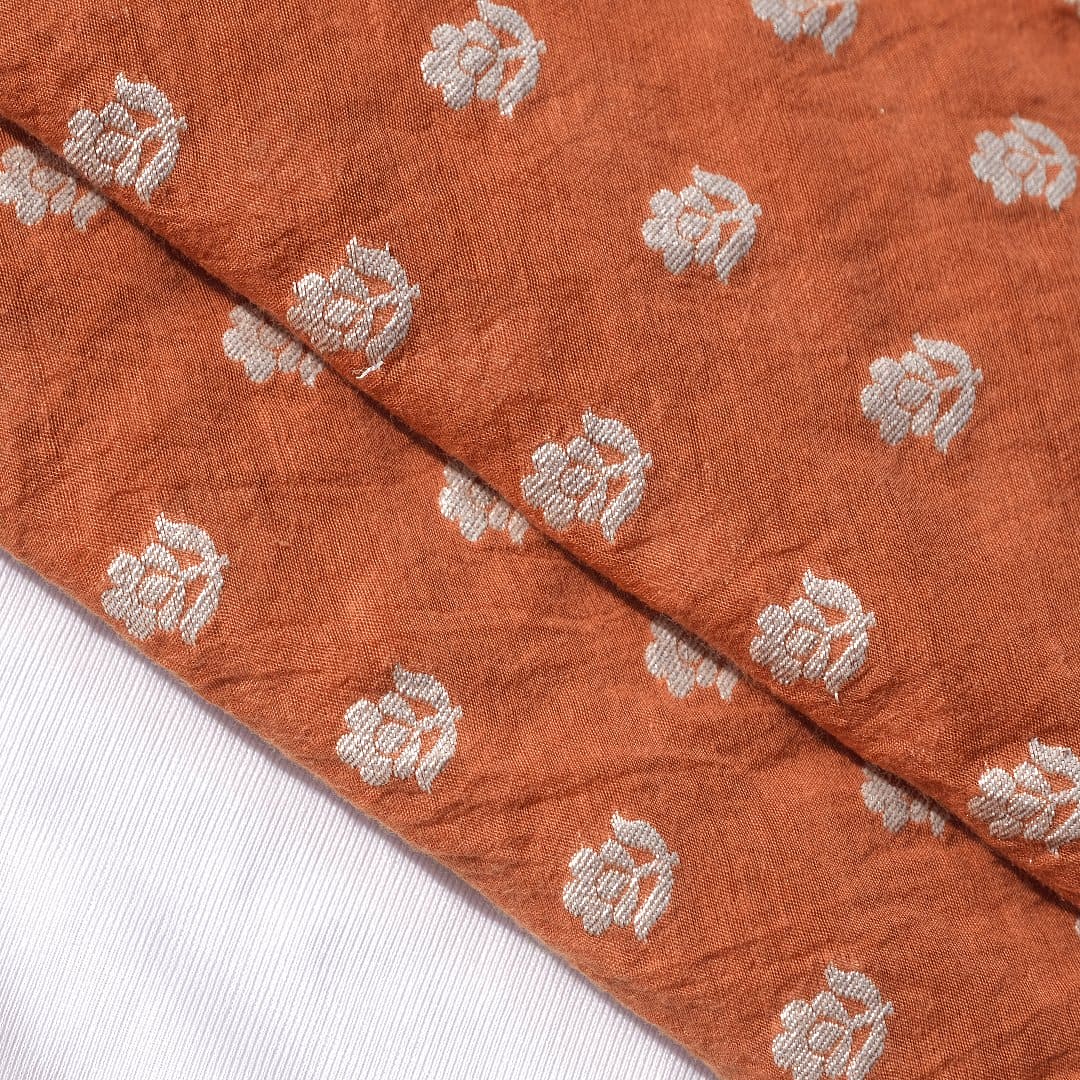 Rust Orange Floral Silk Chanderi Fabric - Charkha TalesRust Orange Floral Silk Chanderi Fabric